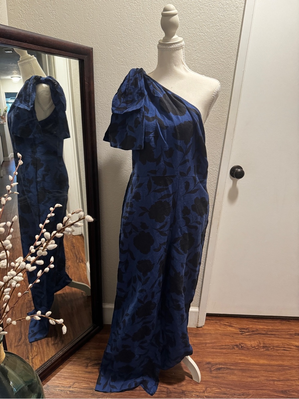 Kate Spade X Target Blue and Black Floral Linen Blend One Shoulder Jumpsuit